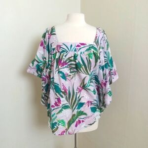 Terra & Sky Floral Print 100% Cotton Flowy Elbow Length Ruffle Sleeve Top
